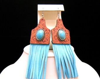 Wooden Faux Turquoise Cabochon Leather Fringe Dangle Earrings Pierced Silver Tone