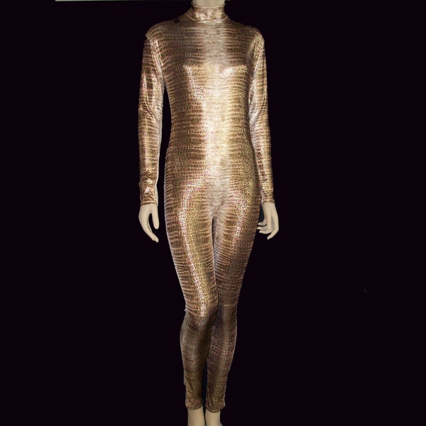 Snake Print with Shiny Metallic Gold Glitter Stretch Spandex Unitard Catsuit Bodysuit Jumpsuit - Fits Medium or Large Unisex Costume Dance