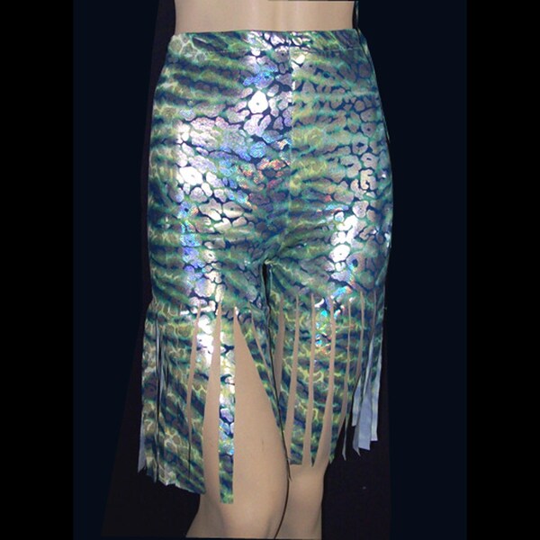 Fringed Shorts Green Blue Metallic Silver Ocean Print Stretch Spandex Dance Costume - High Waist - Medium Unisex Mermaid