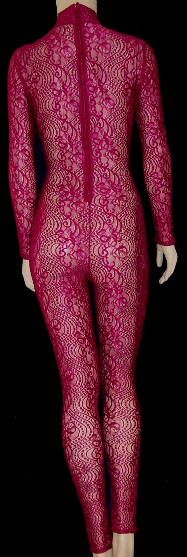 Sheer Maroon Red Shiny Eyelet Stretch Lace Unitard Catsuit Bodysuit Jumpsuit Medium Unisex See-through Costume Dance