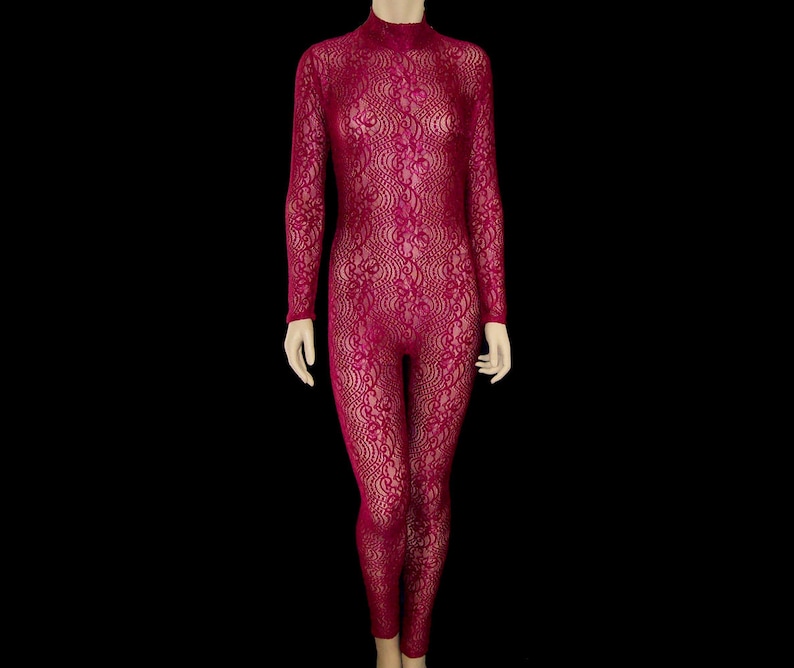 Sheer Maroon Red Shiny Eyelet Stretch Lace Unitard Catsuit Bodysuit Jumpsuit Medium Unisex See-through Costume Dance