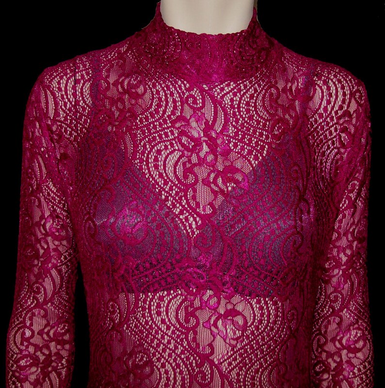 Sheer Maroon Red Shiny Eyelet Stretch Lace Unitard Catsuit Bodysuit Jumpsuit Medium Unisex See-through Costume Dance