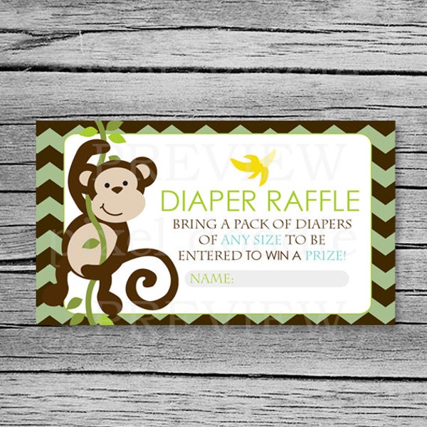 SALE! Chevron monkey Diaper Raffle Ticket - PDF format - Set of 8 - jungle - monkey - banana