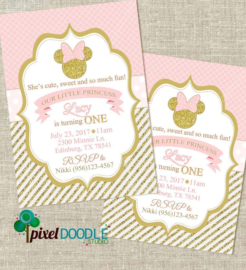 Digital Pink And Gold Minnie Mouse Personalized Invite Etsy