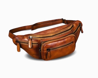 Brown Leather Fanny Pack: Unisex Multi-Pocket Crossbody Belt Bag