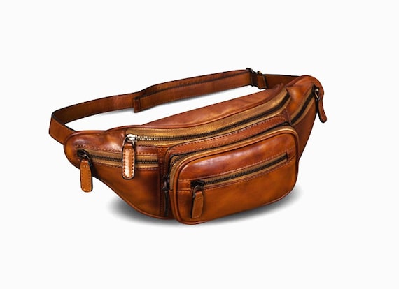 Brown Leather Fanny Pack: Unisex Multi-Pocket Crossbody Belt Bag