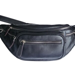 Brown Leather Fanny Pack: Unisex Multi-Pocket Crossbody Belt Bag Black