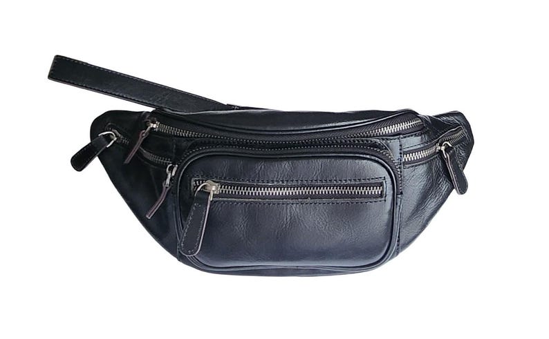 Brown Leather Fanny Pack: Unisex Multi-Pocket Crossbody Belt Bag Black