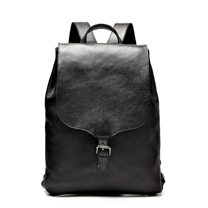 Black leather backpack with a flap closure and buckle detail, featuring a top handle and adjustable straps. The design is sleek and sophisticated, classic black backpack, cowhide leather backpack, genuine leather backpack, large backpack, back to school gift, gift for him, birthday gift