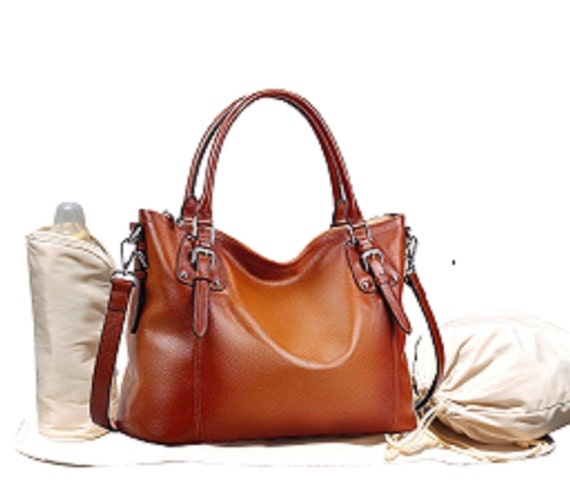 tan leather diaper bag