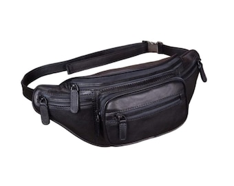 Black Leather Waist Bag: Unisex Multi-Pocket Crossbody Fanny Pack