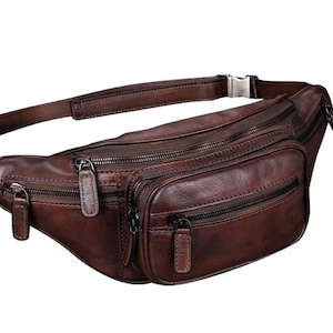 brown leather fanny bag showcasing two zippers, perfect for carrying essentials with style