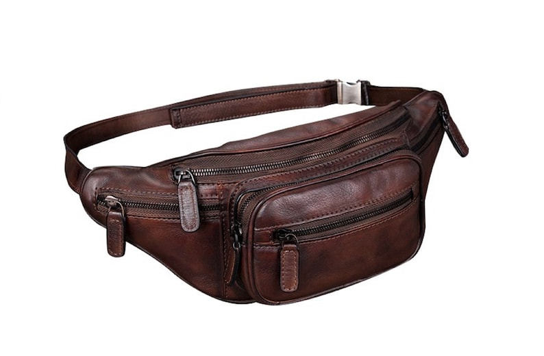 brown leather fanny bag showcasing two zippers, perfect for carrying essentials with style