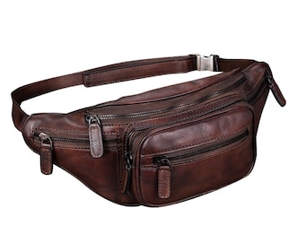 Brown Leather Waist Bag: Unisex Multi-Pocket Crossbody Fanny Pack