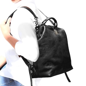 Convertible Leather Backpack, 3 Way Doctor Bag For Women, Crossbody Top Handle Backpack Purse, Stylish Laptop Bag, Black Commuter Backpack