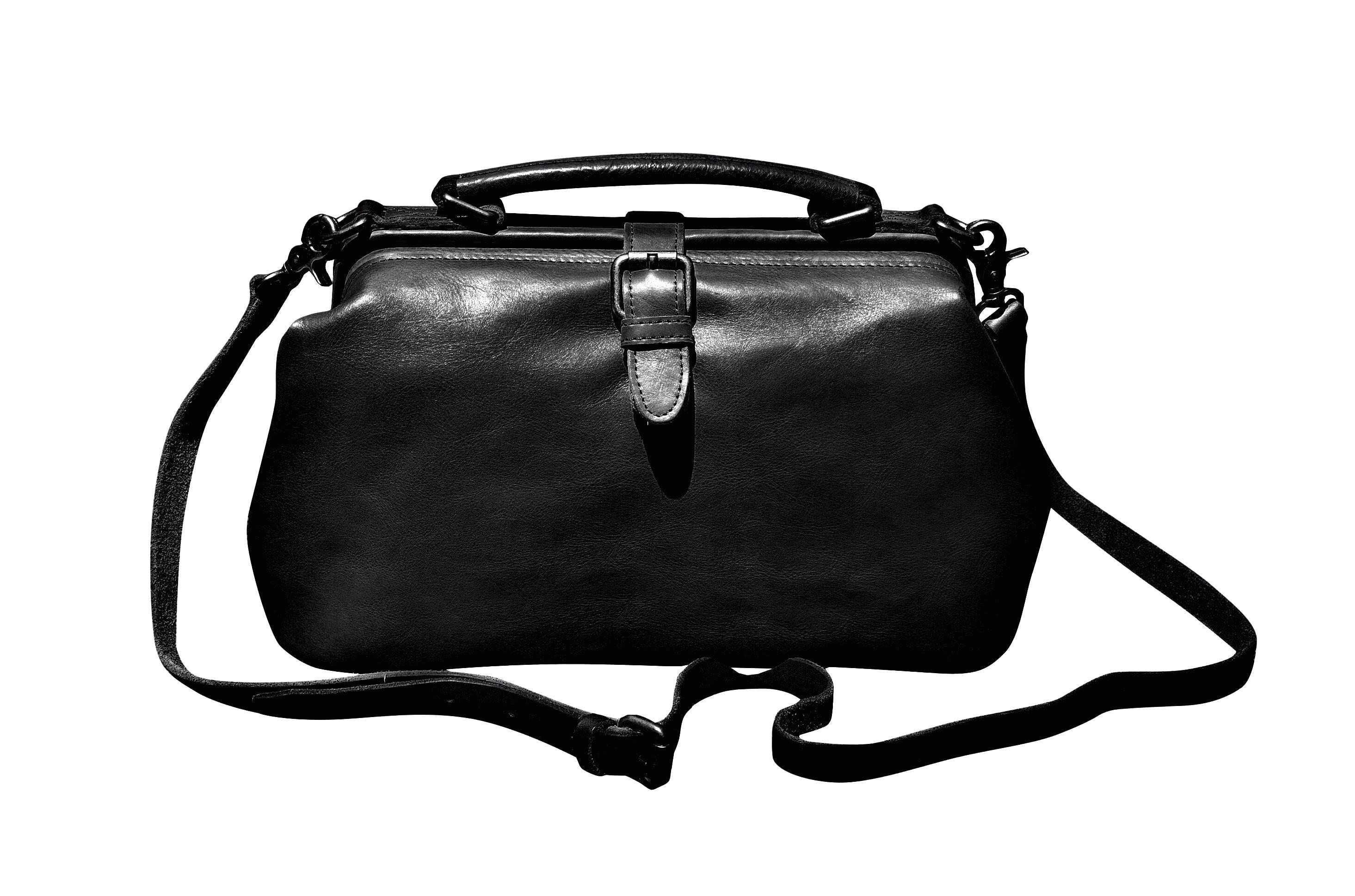 Black Leather Doctor Bag Handbag: Everyday Crossbody Work Bag