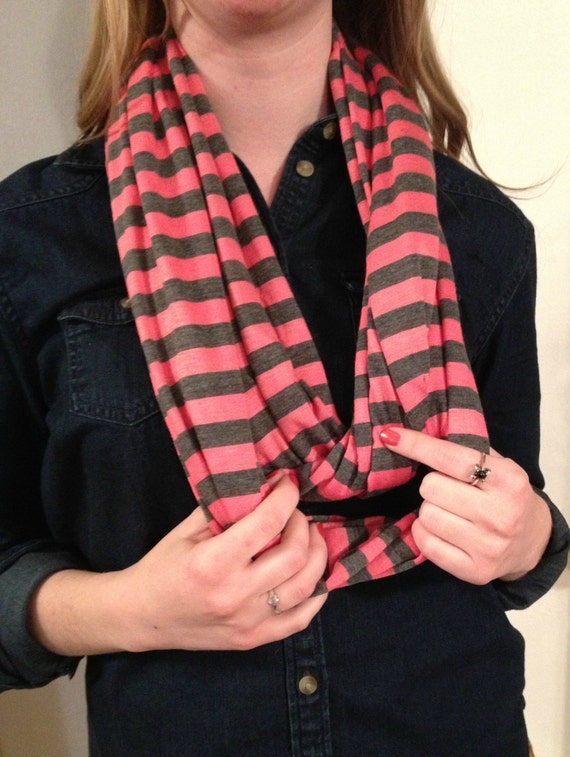 Items similar to Coral and Charcoal Stripe Infinity Scarf on Etsy
