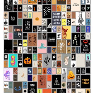 May include: A collage of Halloween-themed art prints. The prints feature various spooky illustrations, including skeletons, pumpkins, bats, and witches. Some prints have text like "Witches Be Crazy" and "Trick or Treat."