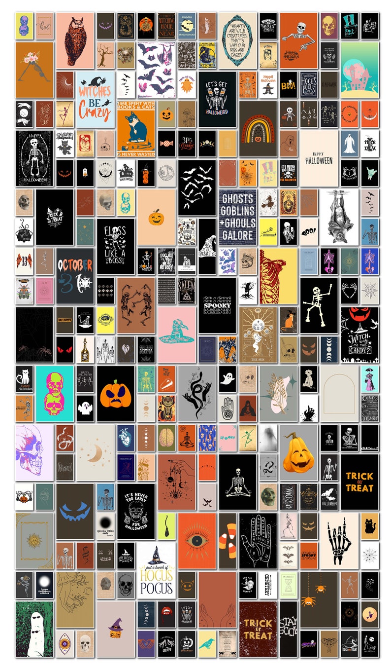 May include: A collage of Halloween-themed art prints. The prints feature various spooky illustrations, including skeletons, pumpkins, bats, and witches. Some prints have text like "Witches Be Crazy" and "Trick or Treat."