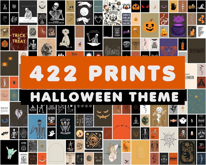 May include: A collection of 422 Halloween-themed prints, featuring various spooky illustrations. The prints showcase skeletons, pumpkins, ghosts, and other Halloween motifs. The text "422 PRINTS" and "HALLOWEEN THEME" are prominently displayed.