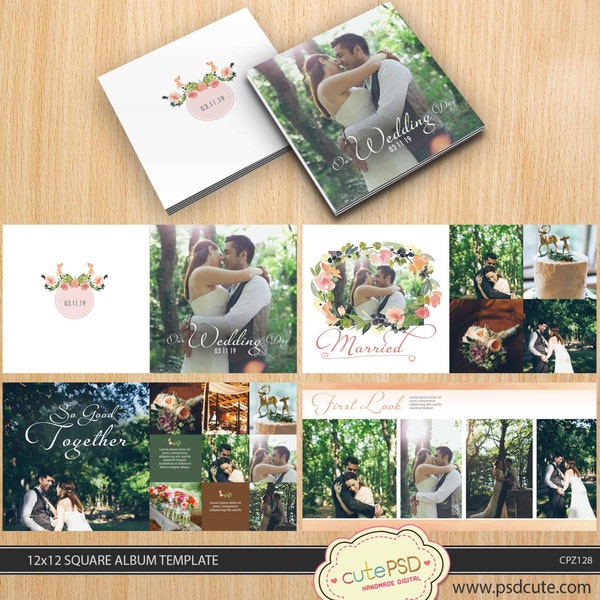 CANVA Wedding Album Template, Wreath White Wedding Album Template 12x12  10x10 8x8-24 pages - CPZ128