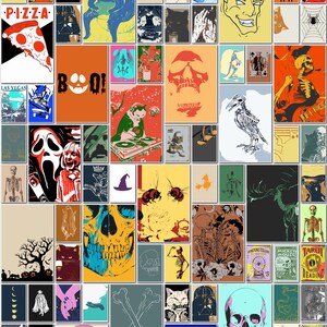 May include: A collection of Halloween-themed art prints featuring various illustrations. The prints showcase images of cats, skeletons, skulls, and other spooky elements. Some prints include text such as "BOO!" and "Coffee! You can sleep when you're dead!"