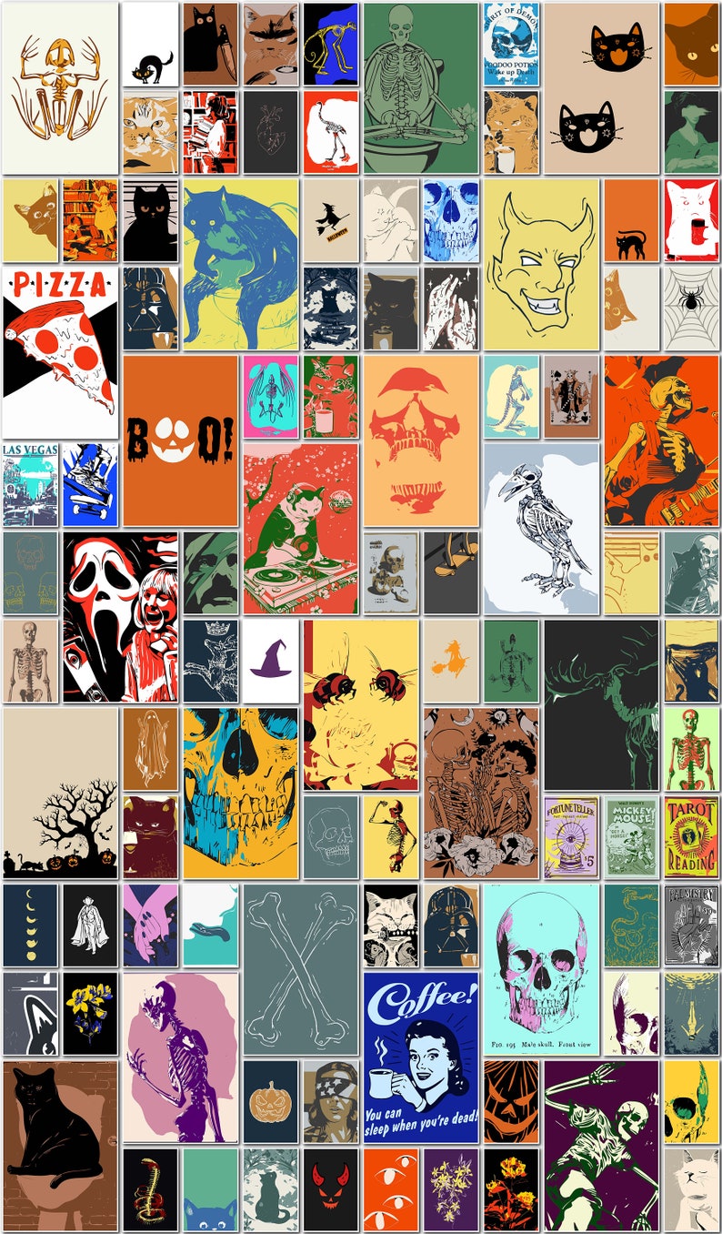 May include: A collection of Halloween-themed art prints featuring various illustrations. The prints showcase images of cats, skeletons, skulls, and other spooky elements. Some prints include text such as "BOO!" and "Coffee! You can sleep when you're dead!"