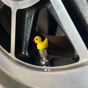 May include: A yellow rubber ducky tire valve stem cap. The ducky has a red beak and a silver metal base.