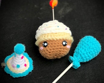 3 Piece Crochet Cupcake Balloon and Mini Hat Clip Ready To Ship