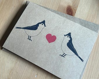 Tufted Titmouse Love Birds Minimalist Valentine’s Day Card Blank Card, Handmade