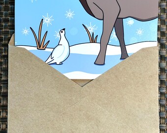 Willow Ptarmigan and Elk Christmas / Holiday Card 5”x7” Blank Inside