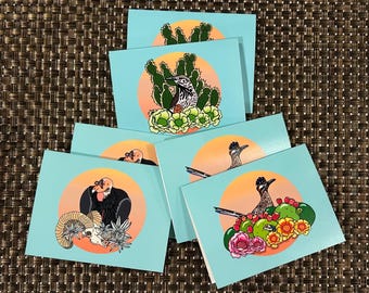 Desert Birds Mini Notecard Set Blank Greeting Cards Roadrunner, California Condor, and Cactus Wren Desert Flowers
