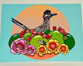 Roadrunner, Prickly Pear, and Collared Lizard Desert Themed Greeting Card- Blank Inside