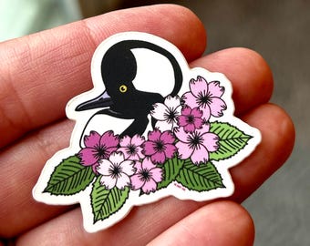 Mini Hooded Merganser Duck Vinyl Sticker With Cherry Blossoms