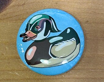 Wood Duck Rubber Duck Button 1.25”