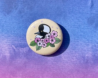 Hooded Merganser and Cherry Blossom Button 1.25” Handmade