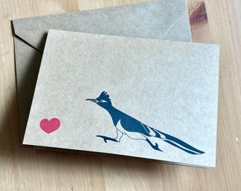 Run For Love- Roadrunner Valentine’s Day Card Blank Inside Handmade Minimalist Design