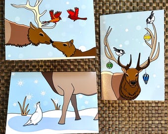 Elk and Birds Holiday Greeting Cards, Winter Animal Art (Set of Three)