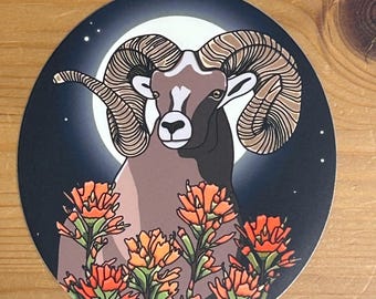 Large Bighorn Sheep and Paintbrush Flower Sticker