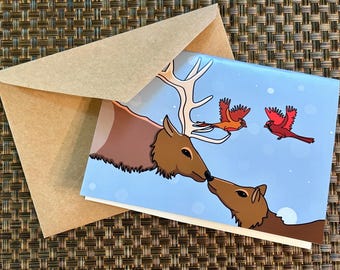 Nature Christmas/ Holiday Card Elk and Northern Cardinals 5”x7” Blank Inside