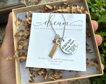 Personalized Charm Necklace Name Tag Pendant Jewelry Birthstone Crystal Swarovski Design Custom Message Strength Inspiration Graduation Gift
