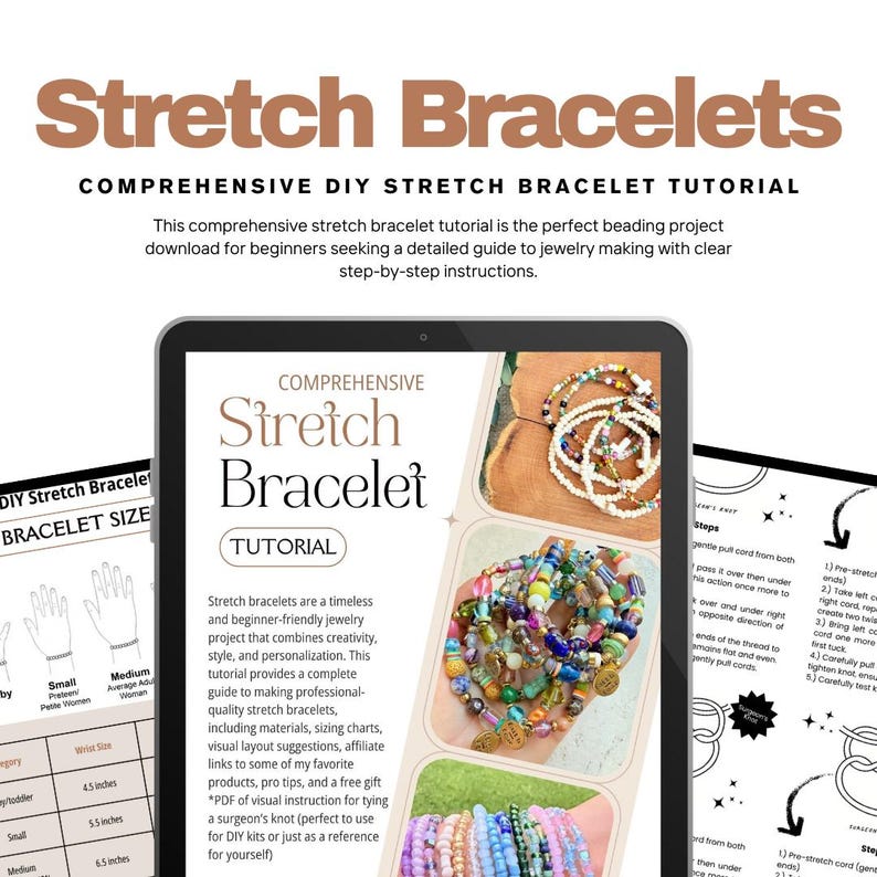 Stretch Bracelet Tutorial Beading Project Digital Download Beginner Friendly Guide Jewelry Making Instructions Step By Step Process Complete Materials List Bead Number Chart Size Guide Knot Tying Technique Video Links Craft Supply Resource