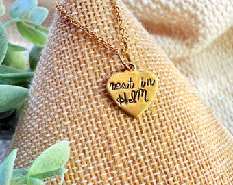 Dainty Heart Necklace Faith Jewelry Christian Gift Religious Pendant Rest in Him Prayer Necklace Gold Brass Jewelry Stainless Steel Chain