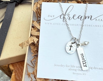 Personalized Christian Necklace Custom Cross Jewelry Gift Faith Expression Religious Pendant Pearl Charm Name Tag Stainless Steel Minimalist