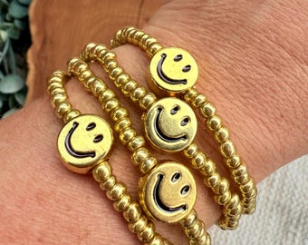 Gold Stretch Bracelet Friendship Gift Teen Fashion Summer Style Boho Design Happy Charm Smiley Face Jewelry Trend Beach Accessory Elastic
