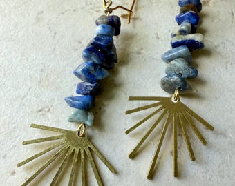 Lapis Lazuli Dangle Earring Brass Sunburst Crystal Boho Accessory Blue Gemstone Jewelry Gold Hypoallergenic Lightweight Statement Long