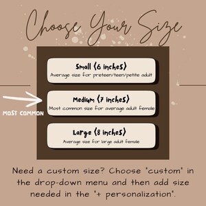 May include: A graphic with the text "Choose Your Size." It details small (15 cm), medium (18 cm), and large (20 cm) sizes, with descriptions. Instructions for custom sizes are also provided.