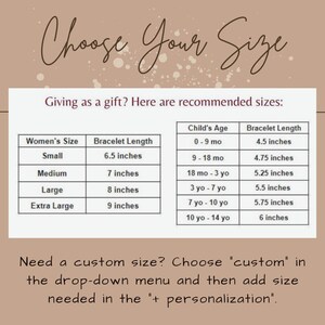 May include: A size guide for bracelets, with recommendations for women and children. Women's sizes range from small (16.5 cm) to extra large (22.9 cm). Children's sizes are based on age. The text at the top says "Choose Your Size".