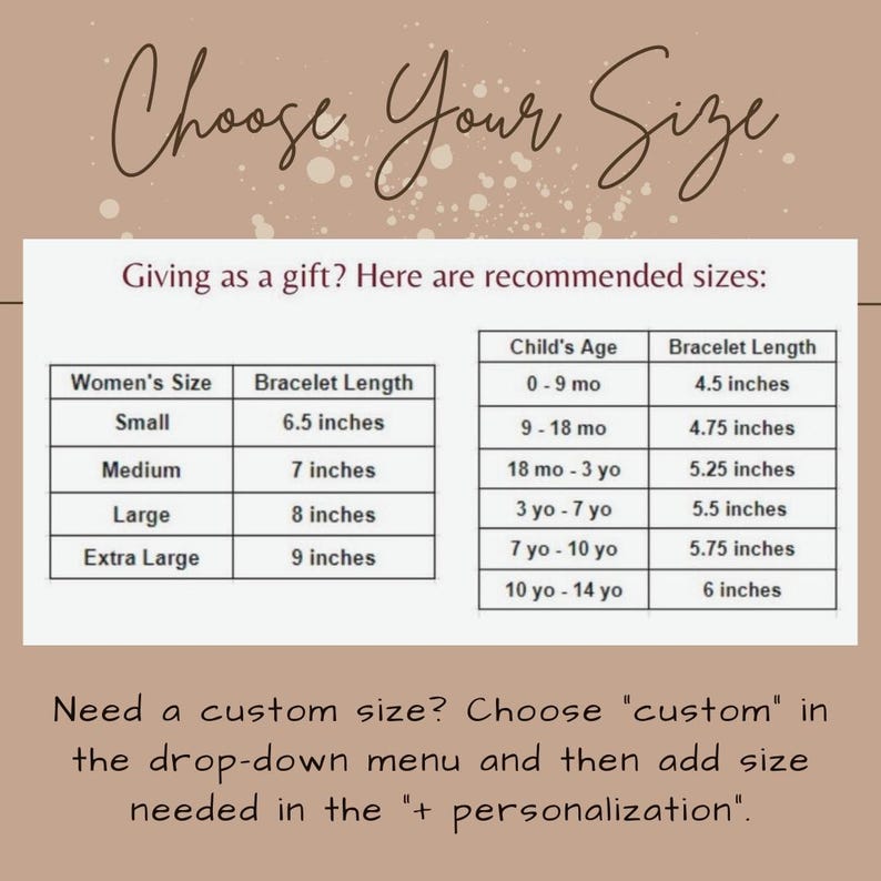 May include: A size guide for bracelets, with recommendations for women and children. Women's sizes range from small (16.5 cm) to extra large (22.9 cm). Children's sizes are based on age. The text at the top says "Choose Your Size".