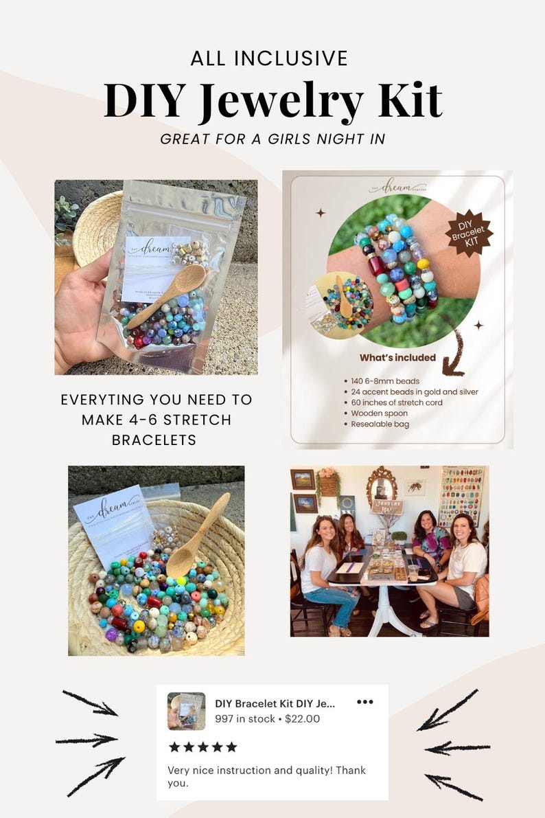 DIY Bracelet Kit DIY Jewelry Kit Girl's Night Craft Mixed Bead Collection Stretch Cord Design Craft Set Party Group Activity Gold Silver Accent Beads Beginner Instructions Fun Creative Hobby Pack Bead Mix